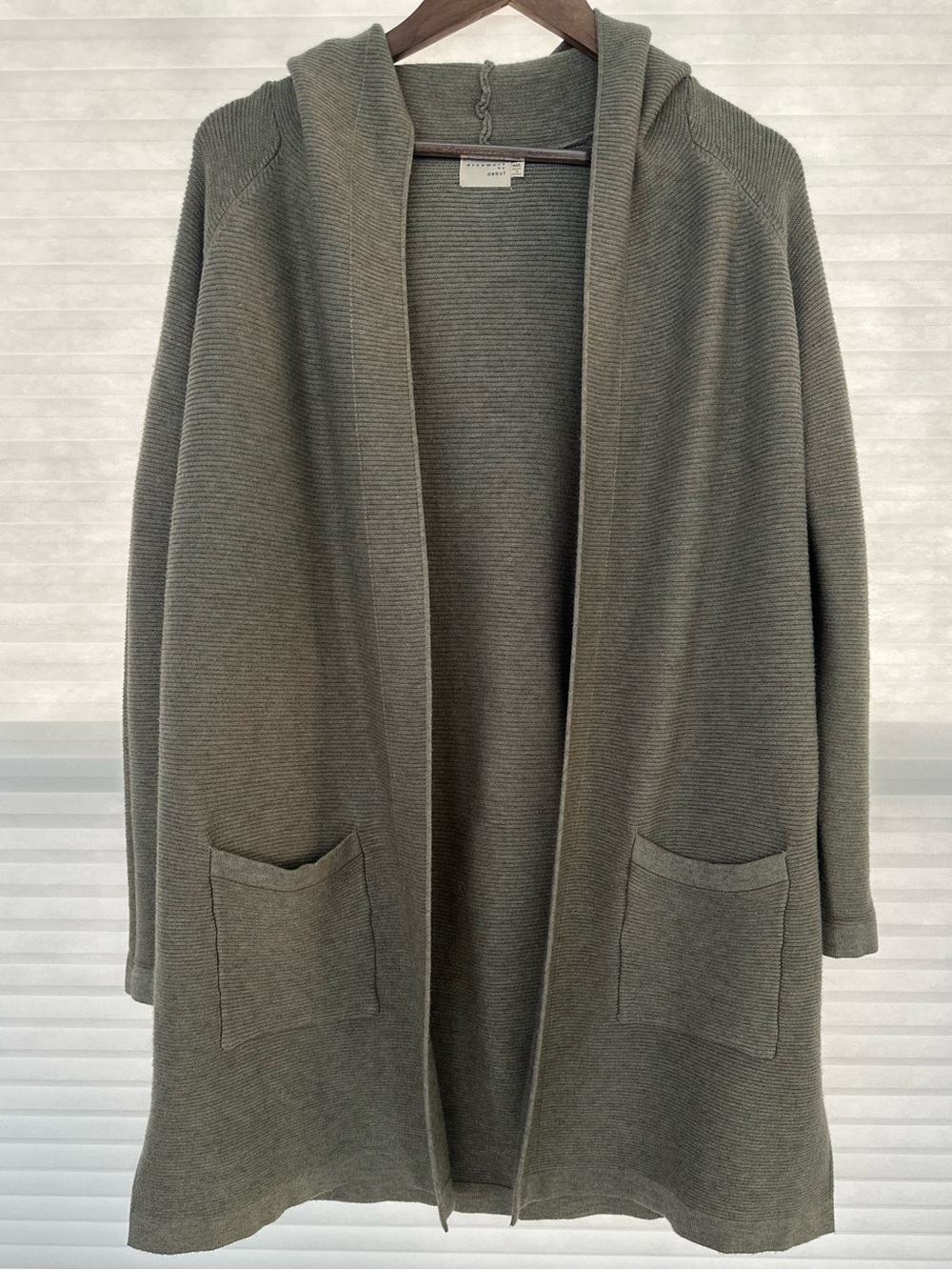 Dreamers by Debut Hooded Duster Cardigan M/L Olive Green Ribbed Knit Open Front